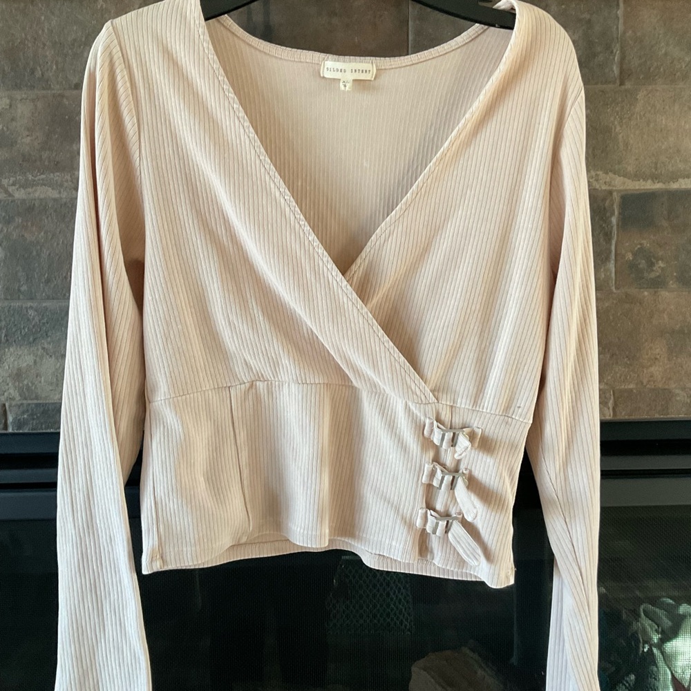 Gilded Intent Cream Ribbed Wrap Blouse